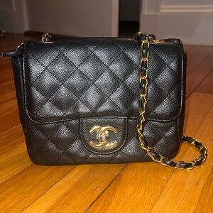 Faux CC Designer Crossbody Purse - Black Pleather with Gold Details